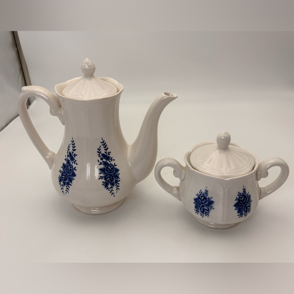 Vintage Mayhill Federalist Ironstone Teapot and Sugar Bowl Set - Blue and White